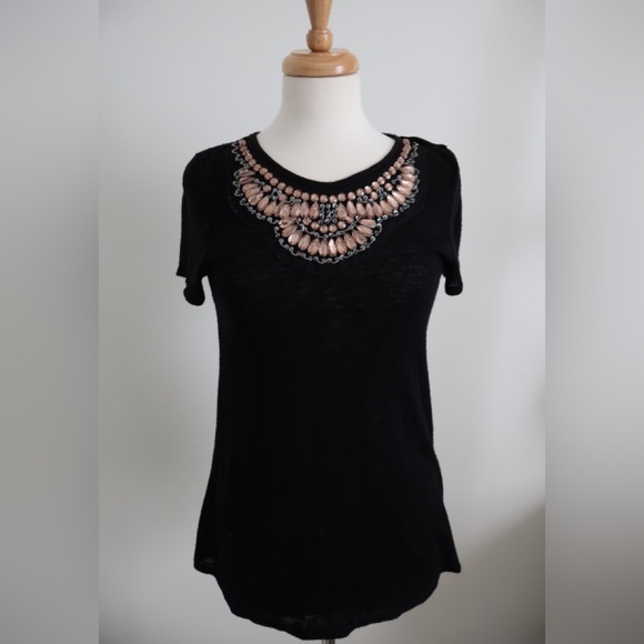 Rose Gold Beaded Neckline Black Blouse with Bow Tie in Back - Picture 2 of 8